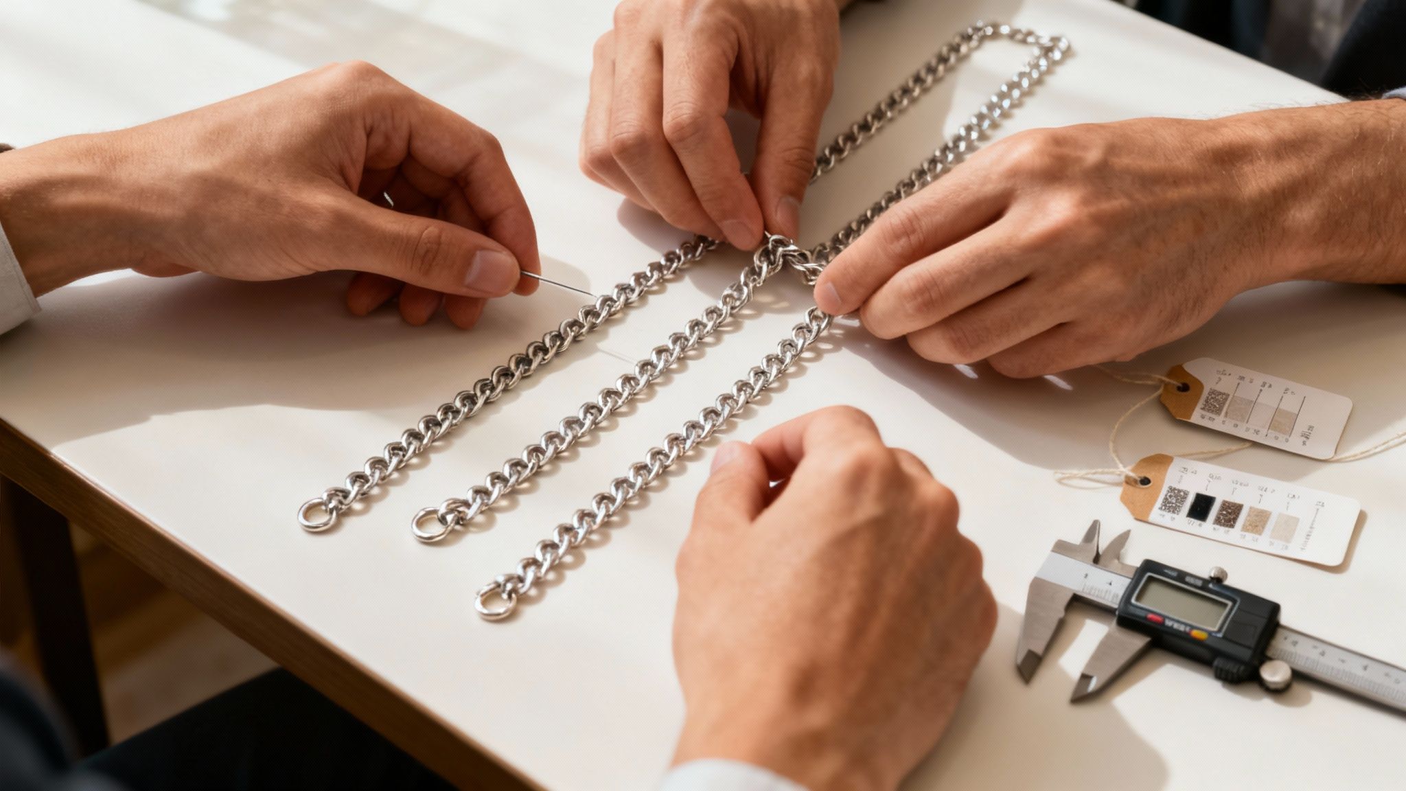A jewelry maker carefully inspects a silver chain with a magnifying loupe for quality control.