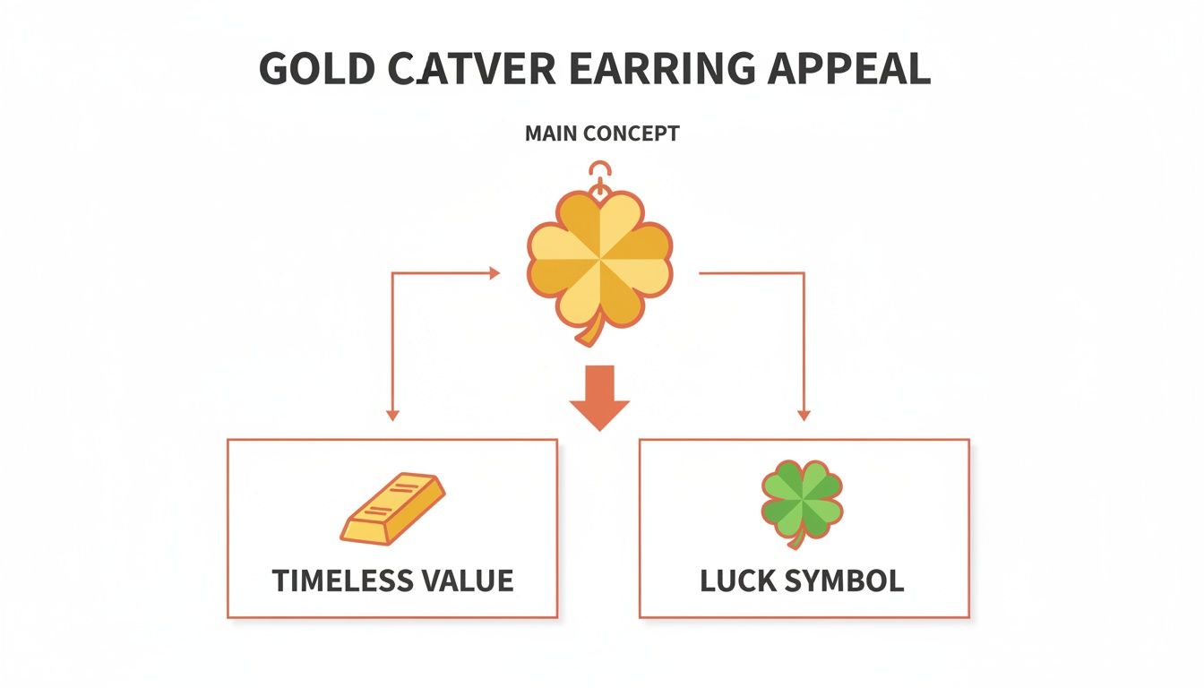 Diagram showing a gold clover earring's appeal, linking it to timeless value and luck.