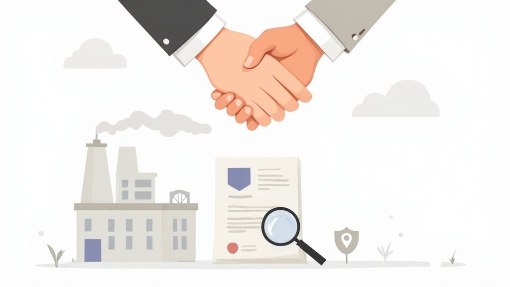 A handshake above a factory, document, and magnifying glass, symbolizing an industrial business agreement.