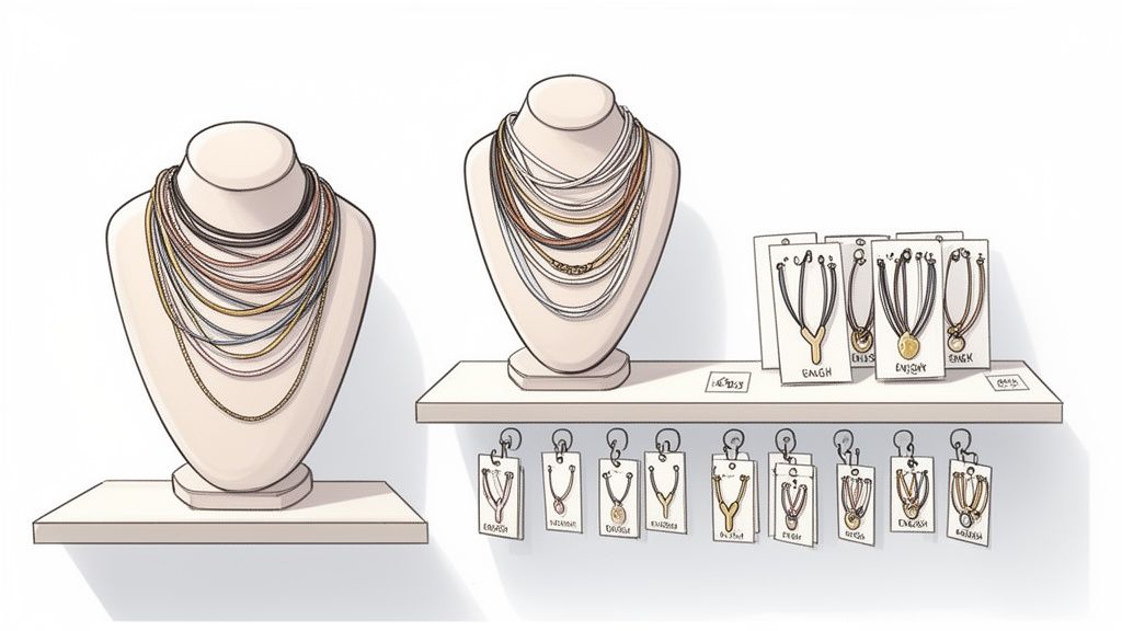 A retail display of various necklaces, including layered and Y-shaped designs, presented on mannequins and a shelf.