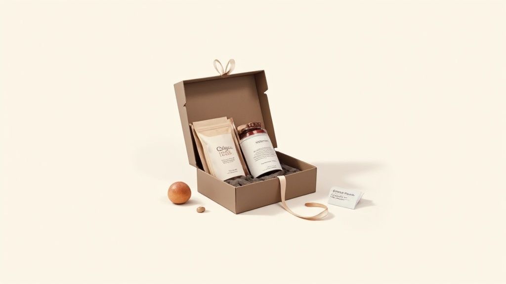 An open brown gift box contains health and wellness products, including a pouch, a jar, and a ribbon.