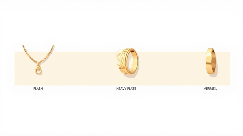 Three gold-plated jewelry items, a necklace and two rings, demonstrating different plating techniques: flash, heavy plate, and vermeil.