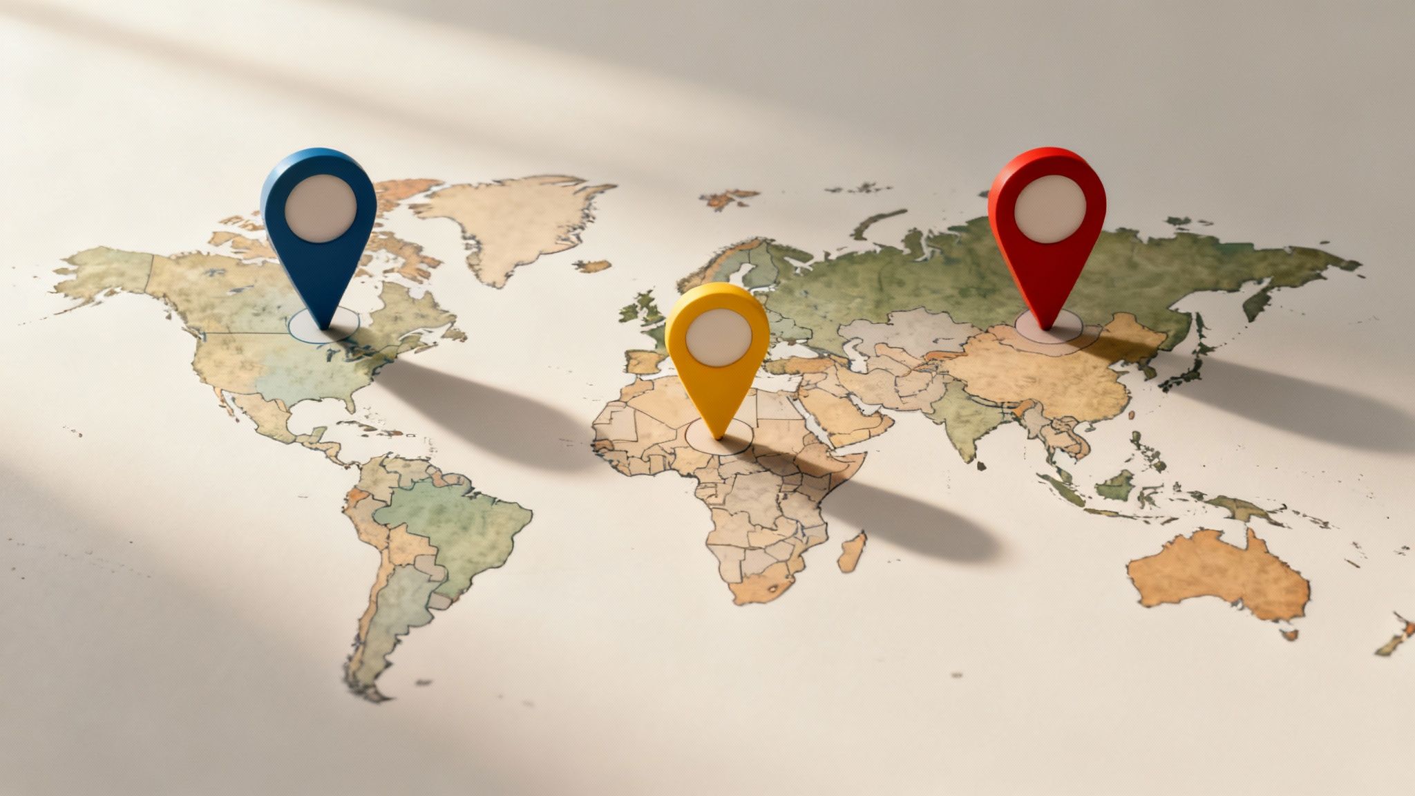 Global map with pins highlighting North America, Europe, and Asia, representing key moissanite sourcing regions.