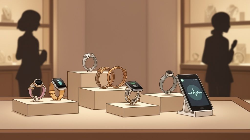 A modern display of smart rings and watches, alongside a smartphone showing health monitoring data.