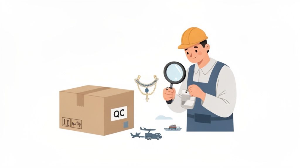 A quality control inspector examines a necklace with a magnifying glass near a shipping box.