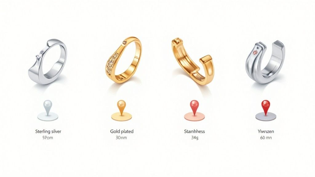 Four adjustable rings in sterling silver, gold plated, stainless steel, and Yiwrzen materials with specifications