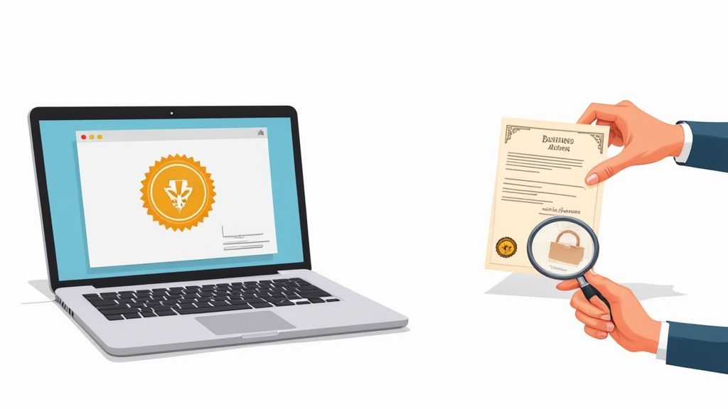 A laptop displays a digital certificate while hands inspect a physical document with a magnifying glass showing a lock.