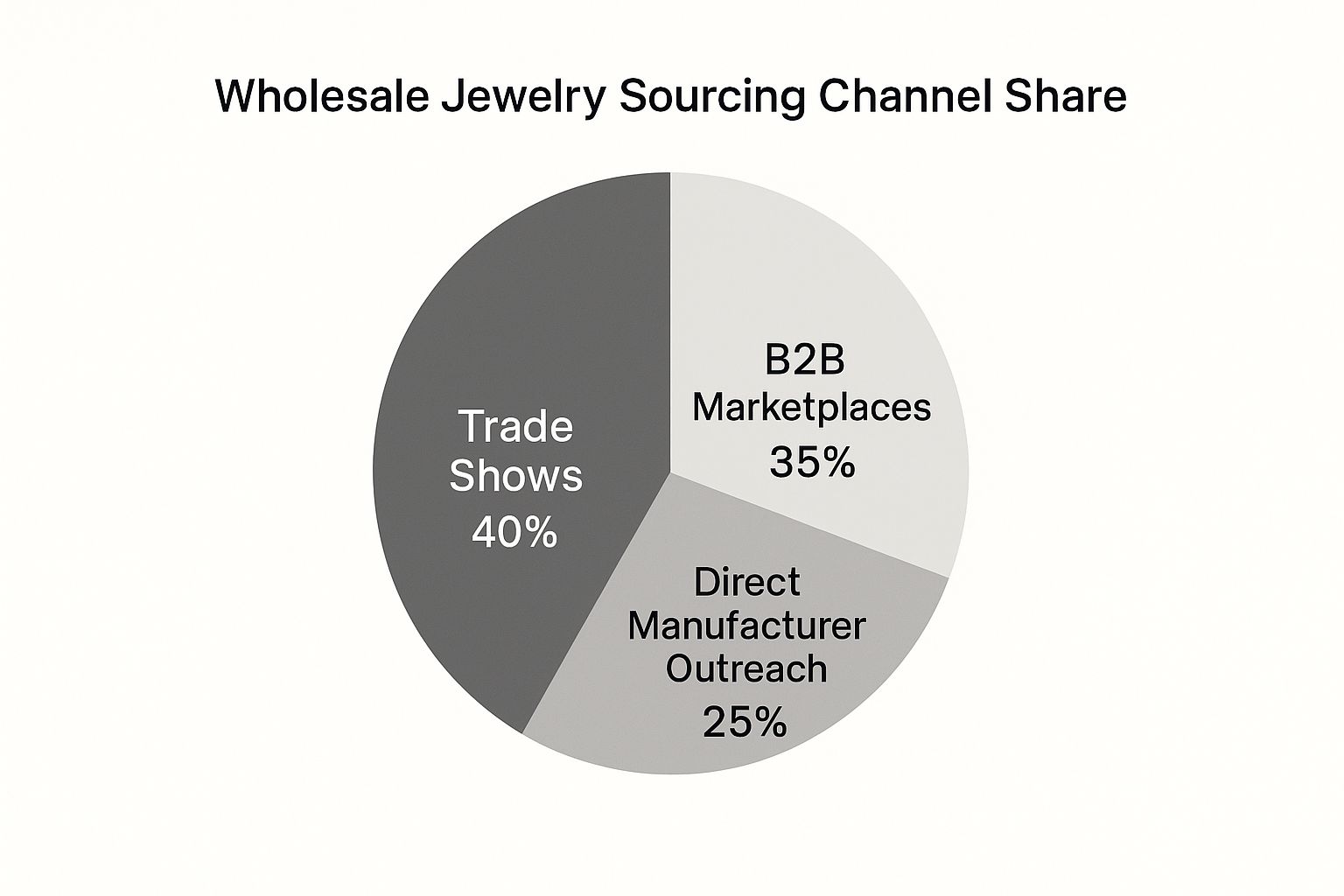 A pie chart showing that jewelry resellers source from trade shows (40%), B2B marketplaces (35%), and direct manufacturer outreach (25%).