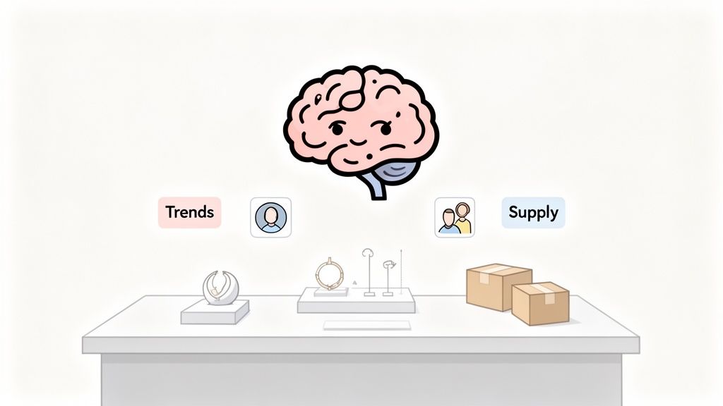 Cartoon brain linking jewelry trends, customer demand, and product supply on a display table.