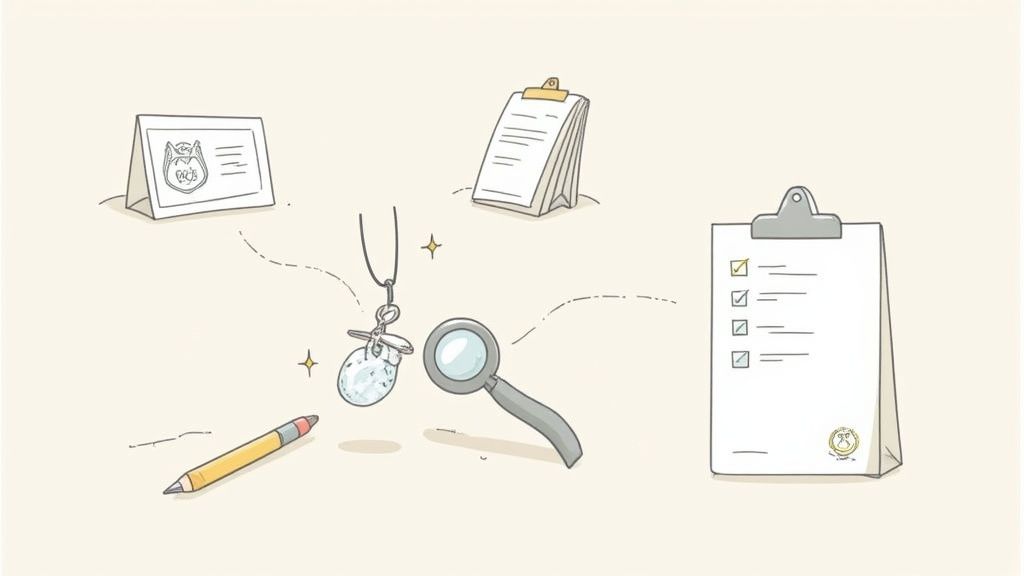 A close-up of a jeweler's hands inspecting a silver ring with a hallmark stamp.