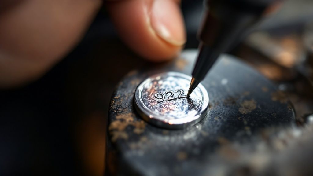 A close-up shot of a 925 silver ring, highlighting its texture and shine.