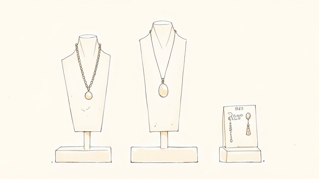 Illustration of three jewelry displays, two with pearl necklaces and one with earrings on stands.
