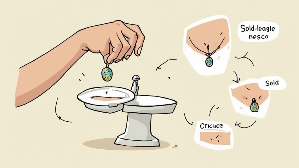 A boutique owner reviewing invoices and jewelry pieces at a desk