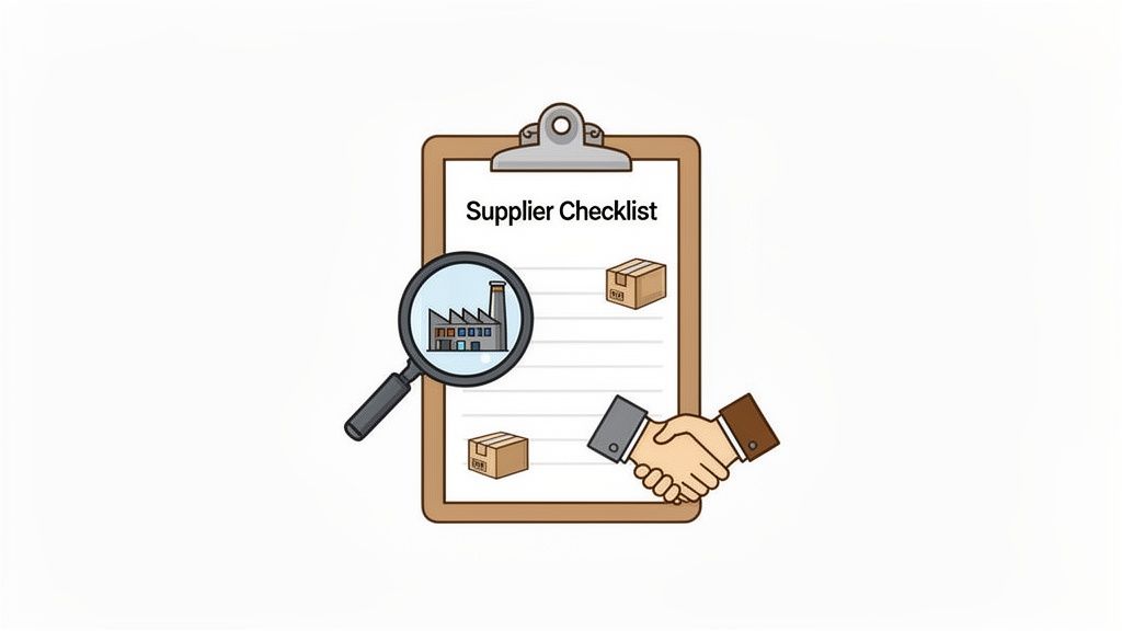 Illustration of a supplier checklist, magnifying glass on a factory, boxes, and a handshake.