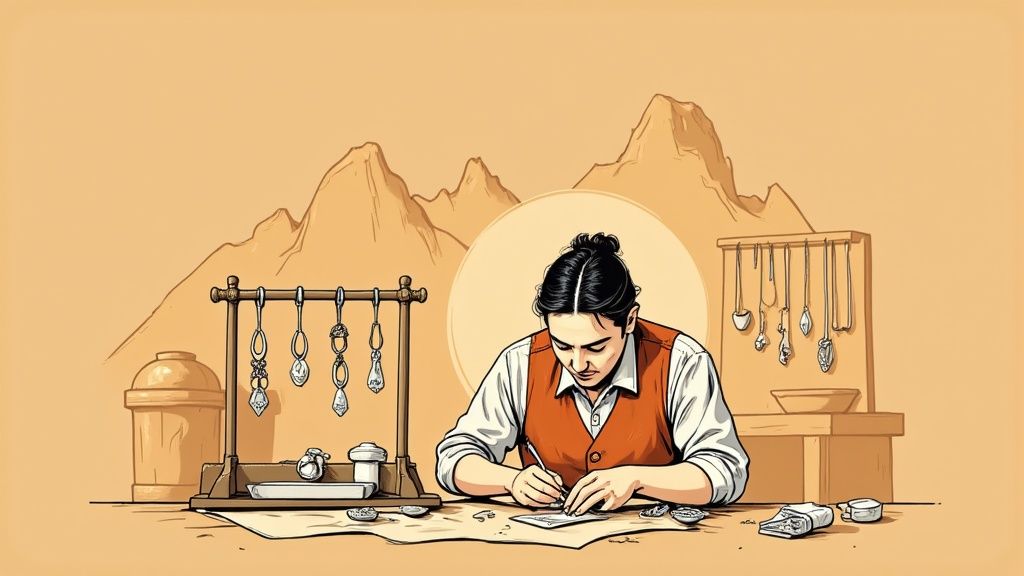 Artisanal Mexican silver jewelry displayed on a rustic wooden surface.