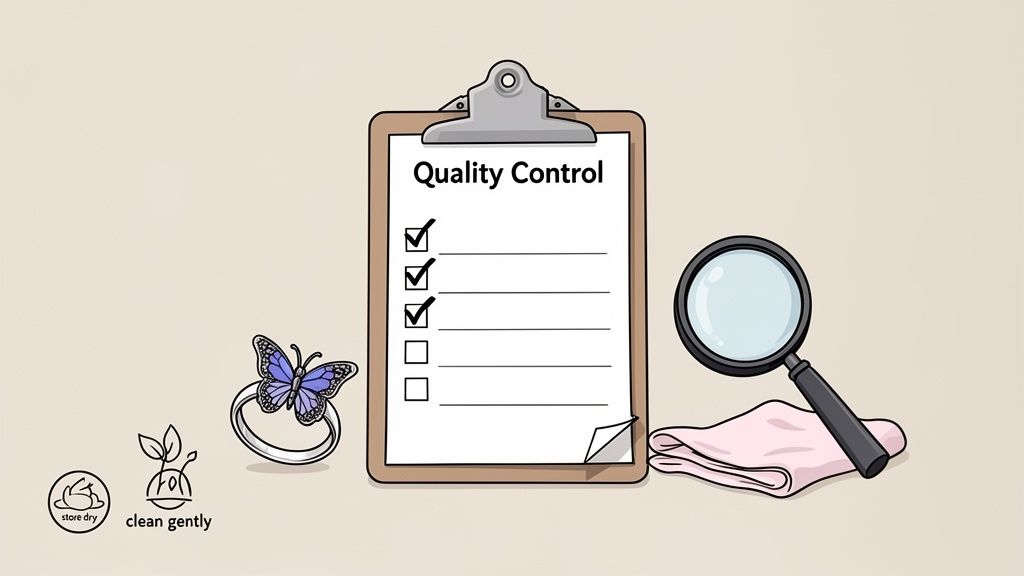 An illustration of a quality control checklist with a butterfly ring, jewelry care symbols, and a magnifying glass.