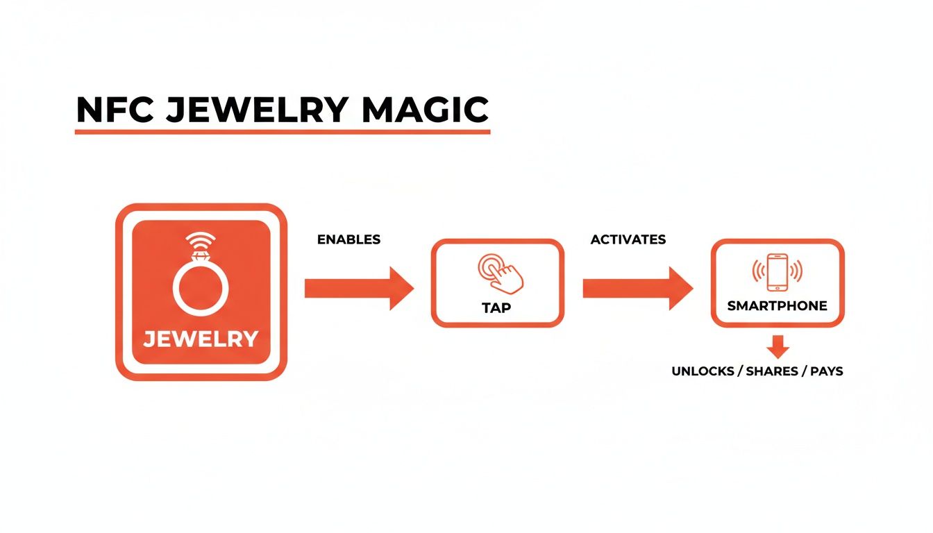 Diagram showing NFC jewelry activation process: jewelry enables tap, activating smartphone to unlock, share, or pay.