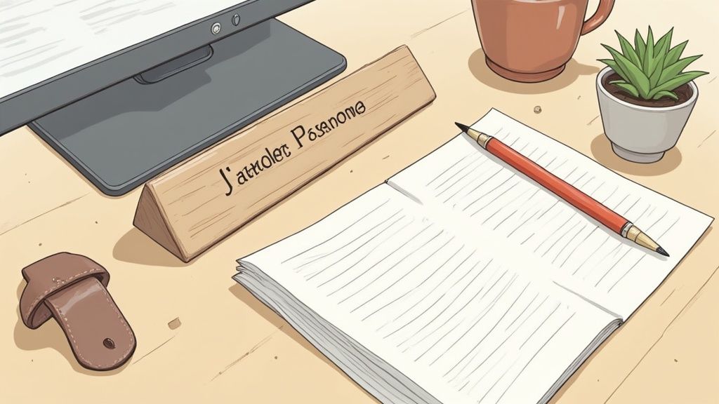 A neatly organized desk with a computer, nameplate, coffee cup, plant, papers, and pencil.