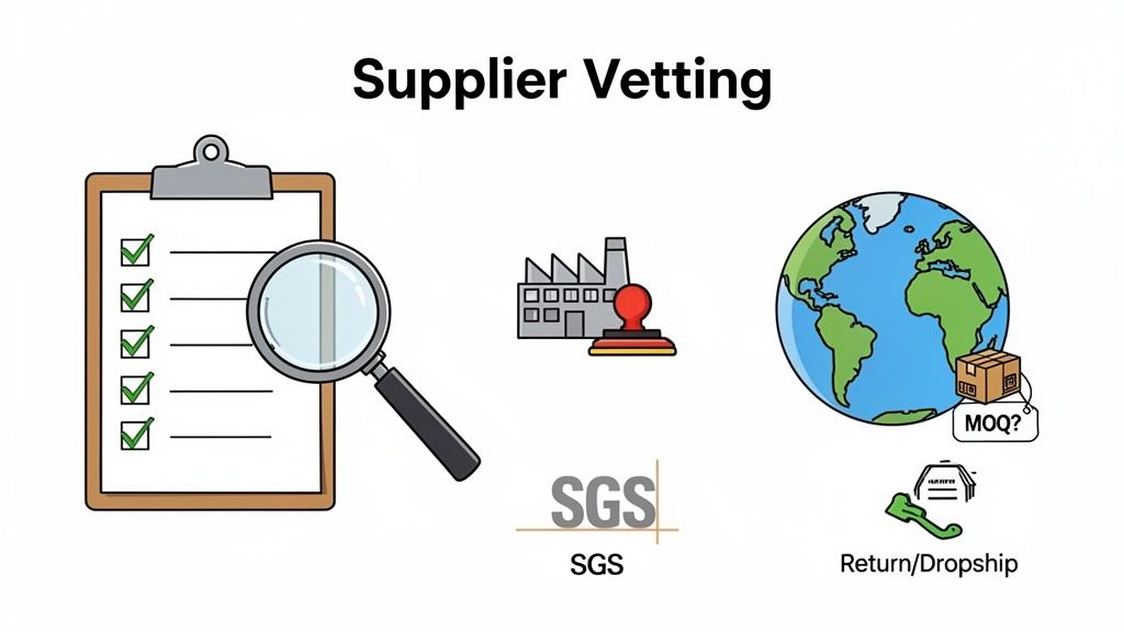 Illustration depicting supplier vetting process with checks, factory audit, global sourcing, and certification.