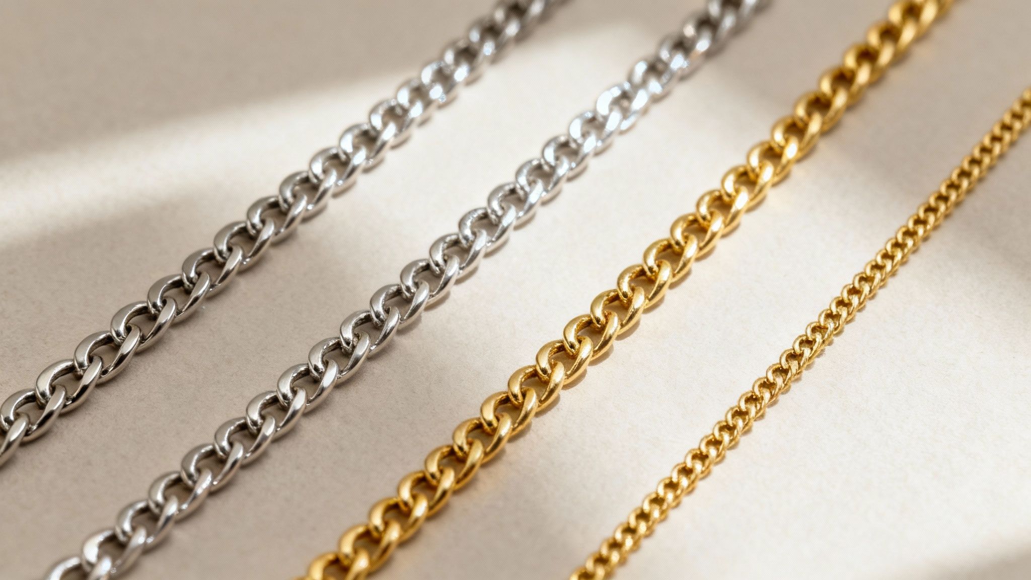 A close-up of various gold and silver jewelry chains displayed neatly.