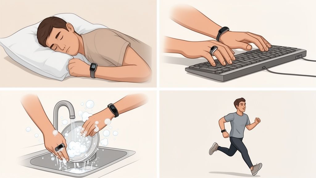 A person using smart wearables for sleep tracking, typing, dishwashing, and exercise.