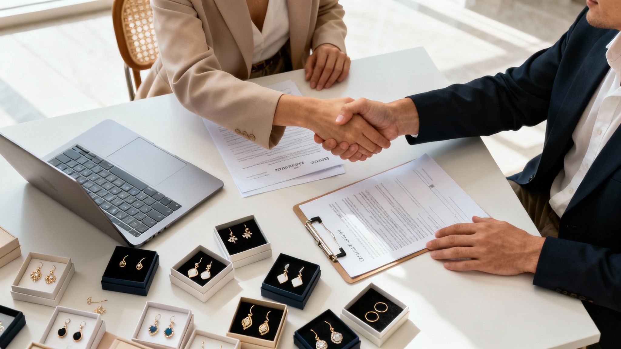 Two people shaking hands over a table with jewelry samples, symbolizing a strong supplier partnership.