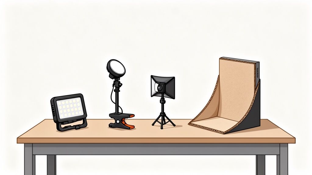 A tabletop product photography lighting setup featuring an LED panel, ring light, softbox, and cardboard backdrop.