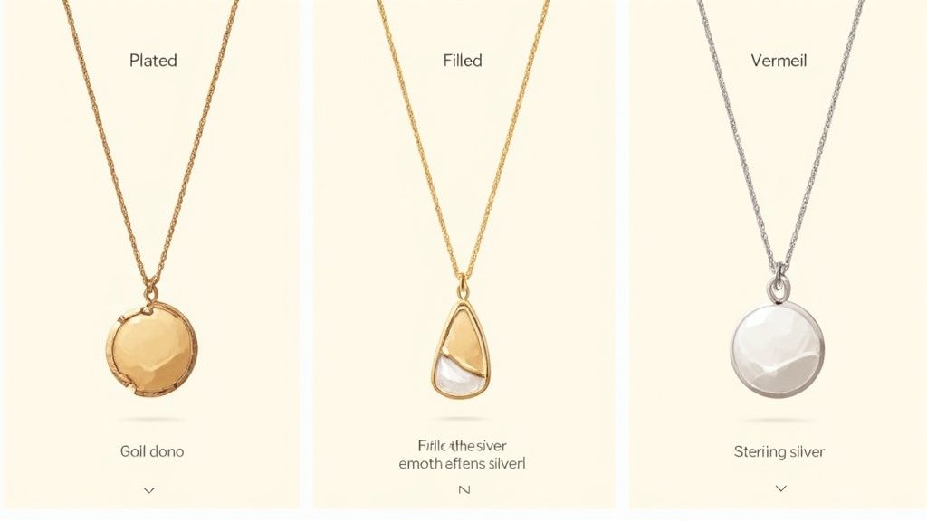 Three necklaces side-by-side, demonstrating different jewelry finishes: gold plated, gold filled, and sterling silver vermeil.
