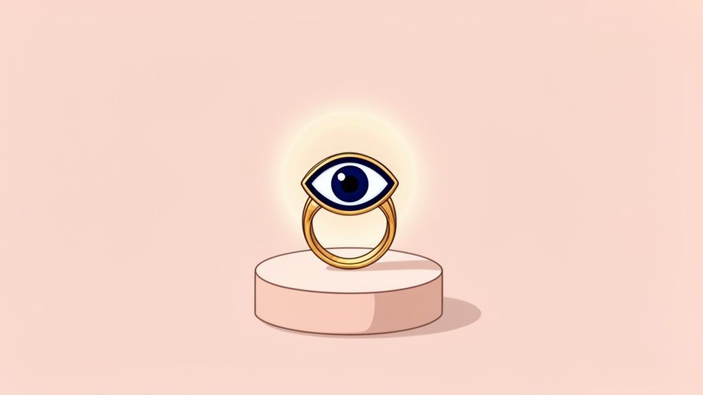 A gold evil eye ring with a dark blue iris sits on a pink pedestal, glowing against a soft pink background.