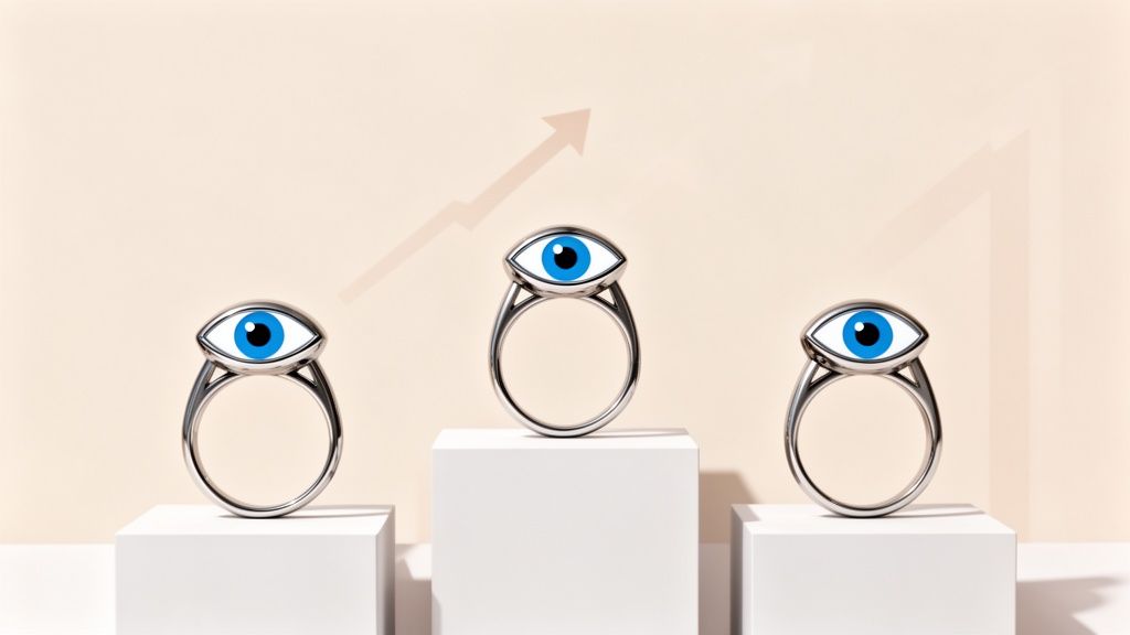 Three silver evil eye rings displayed on white pedestals with a subtle upward arrow.