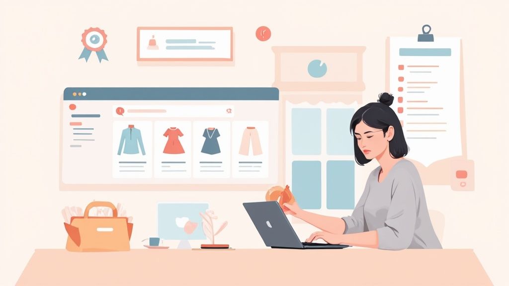 Woman shopping online for clothing at laptop with digital storefront display