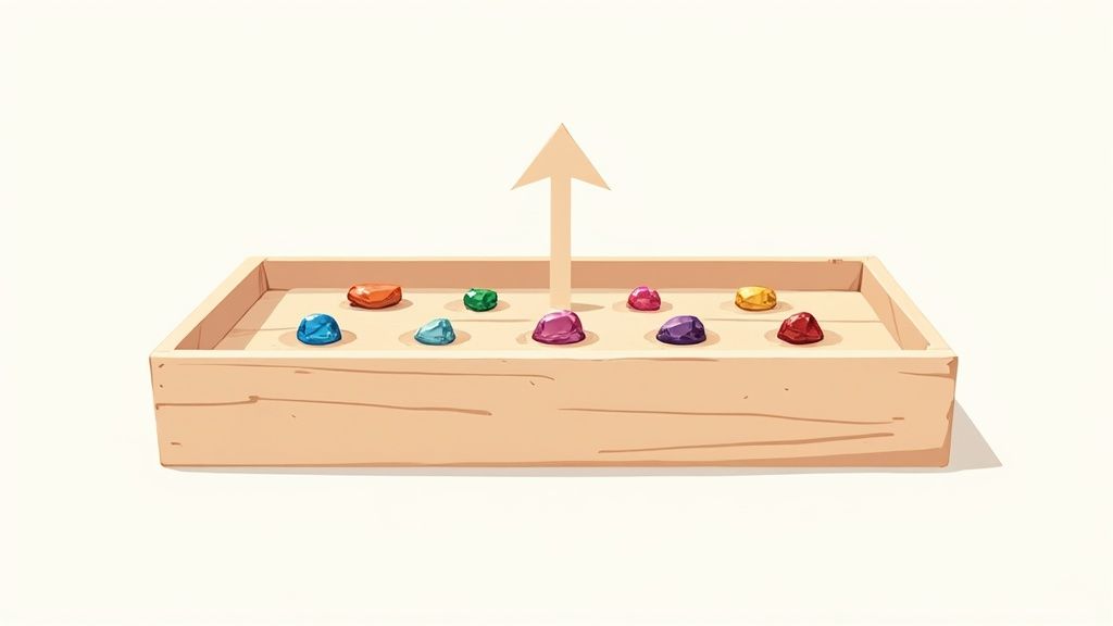 A wooden tray holds various colorful polished stones, with a large upward-pointing arrow in the center.