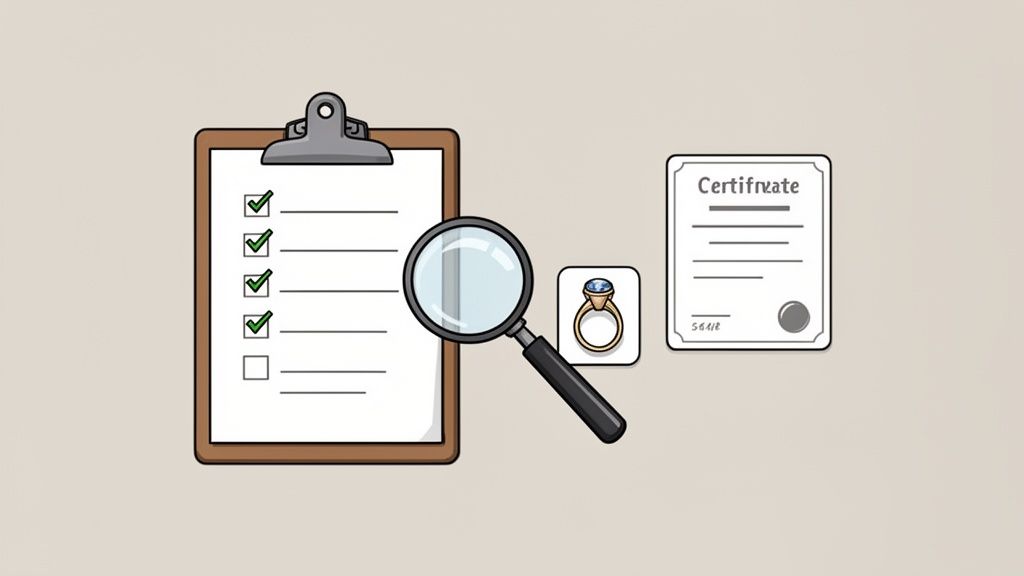 Illustration showing a jewelry inspection process with a checklist, magnifying glass, gemstone ring, and certificate.