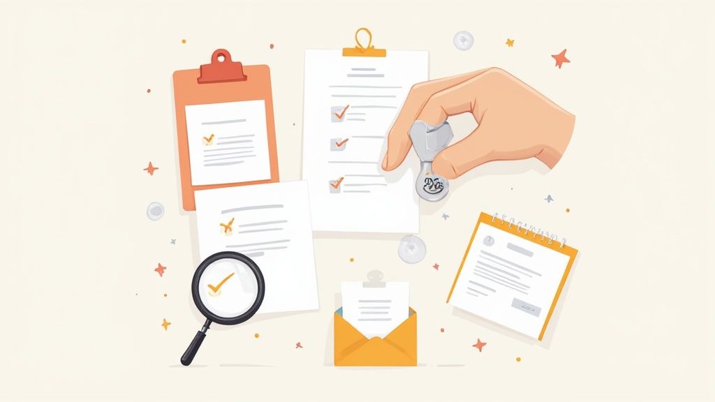 A hand stamps approved documents with checklists, a magnifying glass, and an envelope.