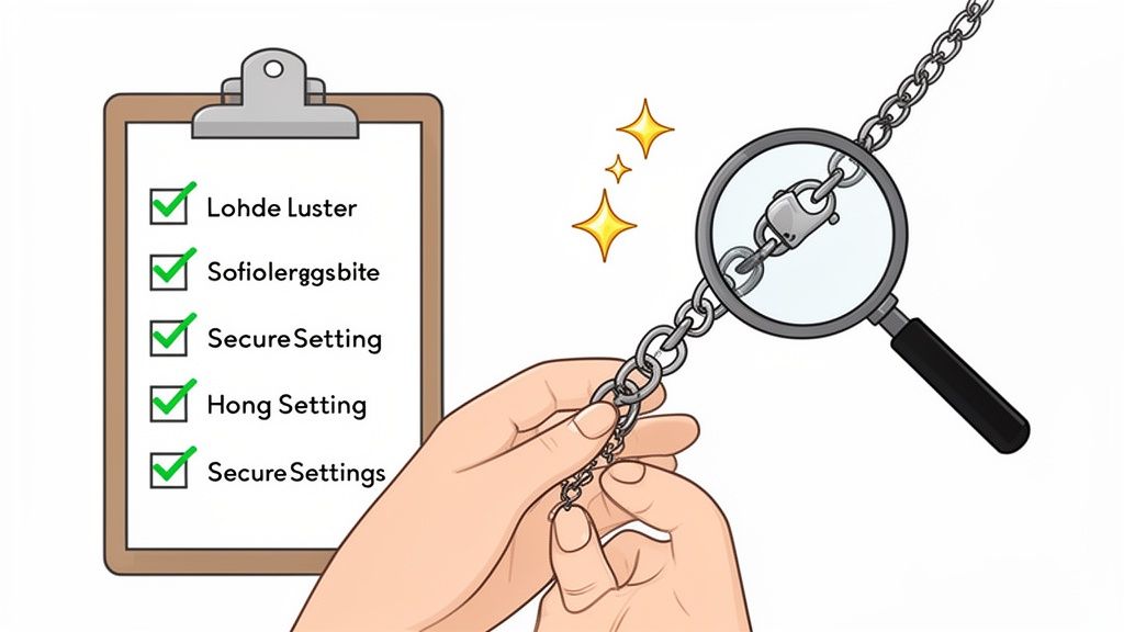 Hands using a magnifying glass to meticulously inspect a shiny chain link next to a completed checklist.