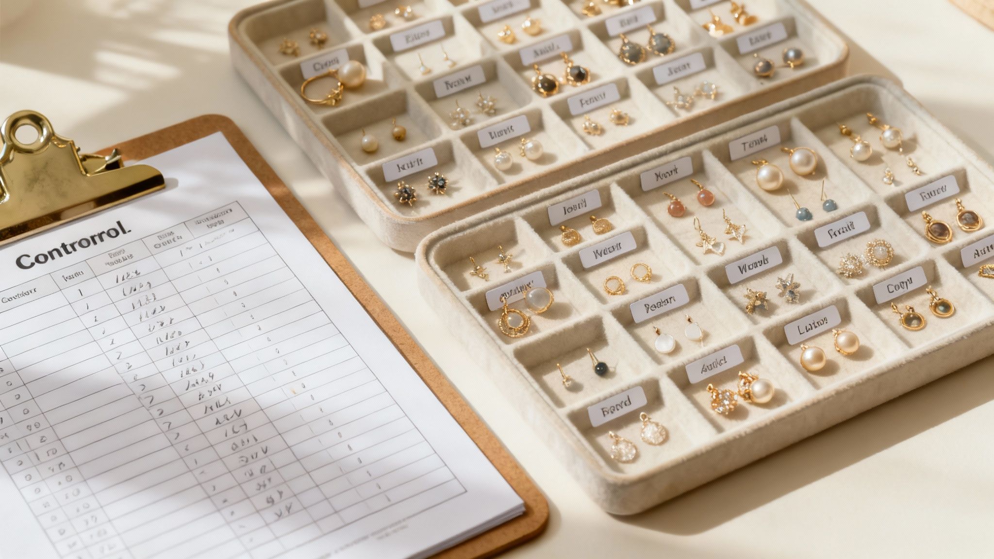 A detailed close-up of a person's hands meticulously inspecting a small earring component against a well-organized background of jewelry supplies.