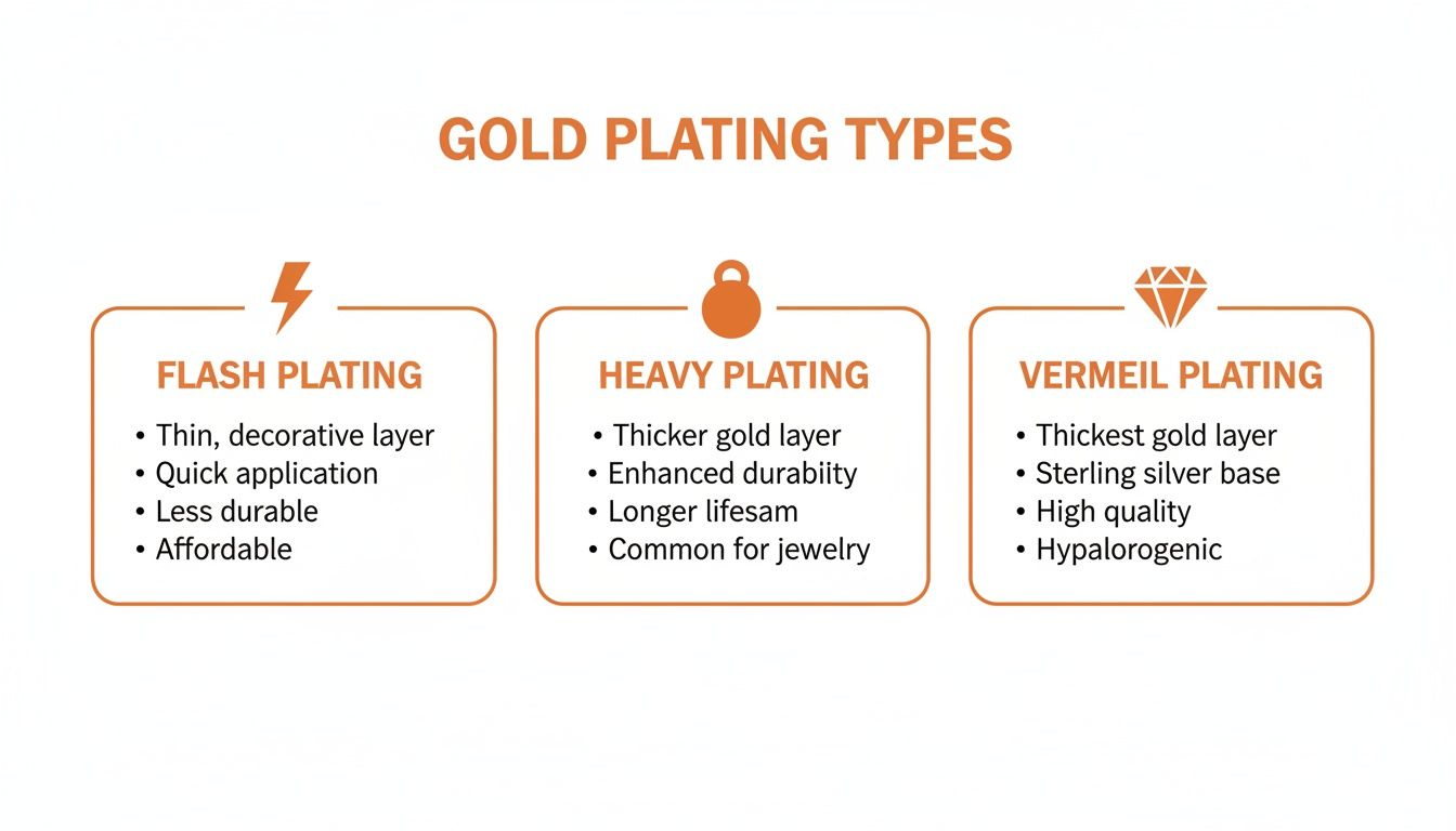 Diagram illustrating three types of gold plating: Flash, Heavy, and Vermeil, with their key characteristics.