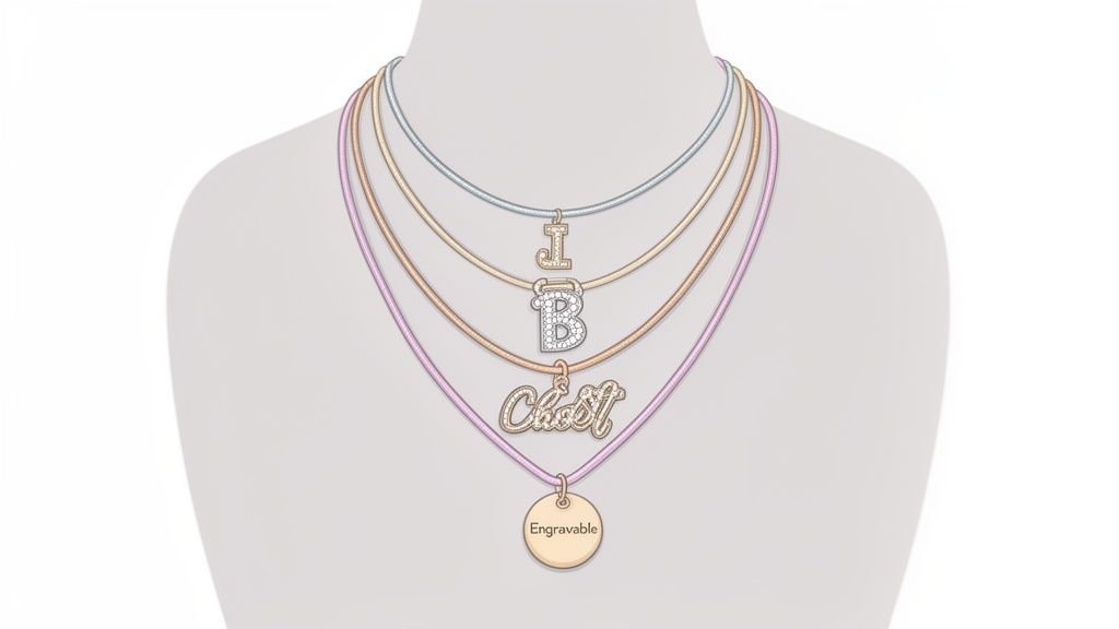 Four layered necklaces with various initial and name pendants, including an engravable disc, displayed on a bust.