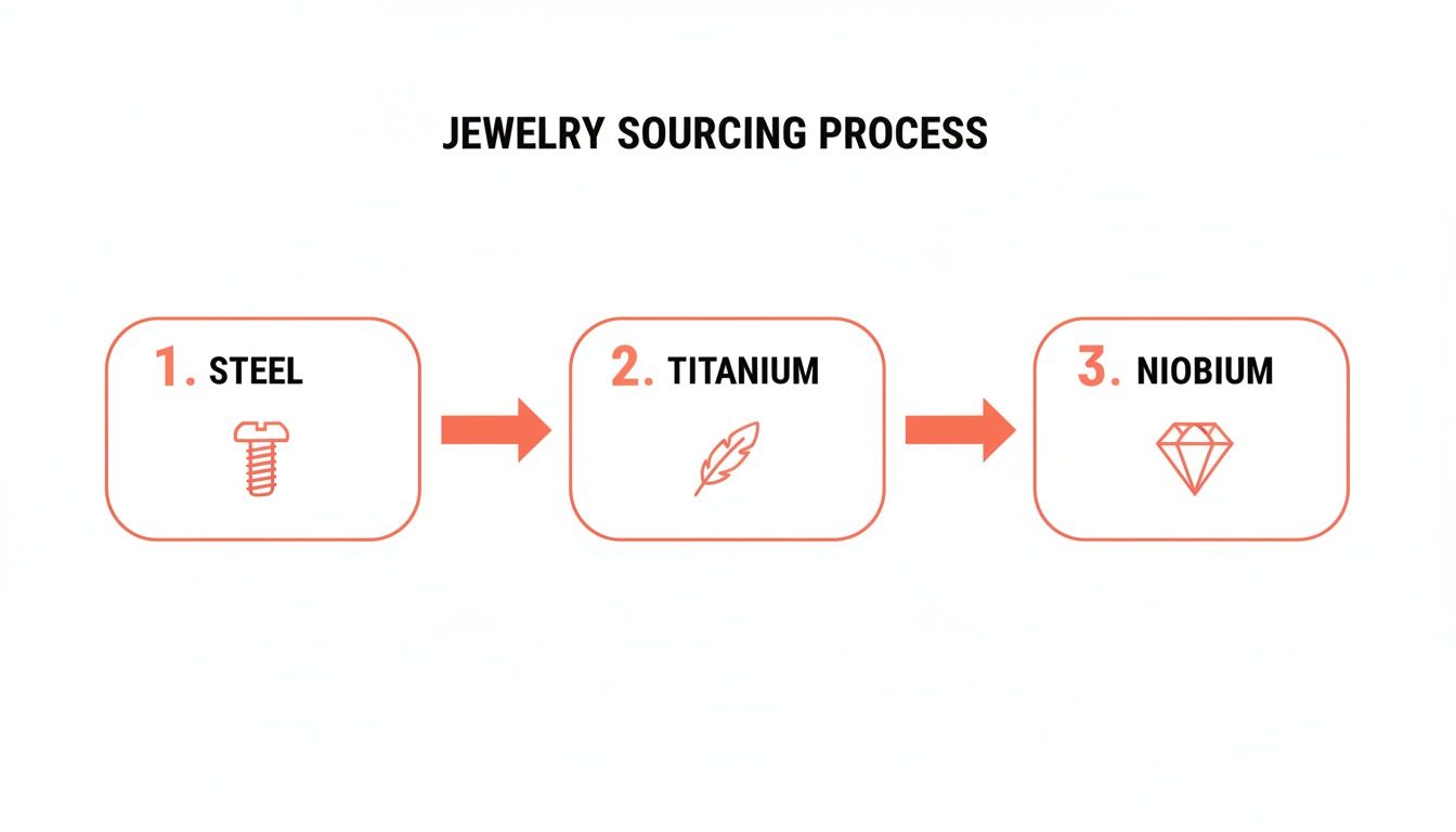 Diagram illustrating the jewelry sourcing process, transitioning from steel to titanium, then niobium, with icons.