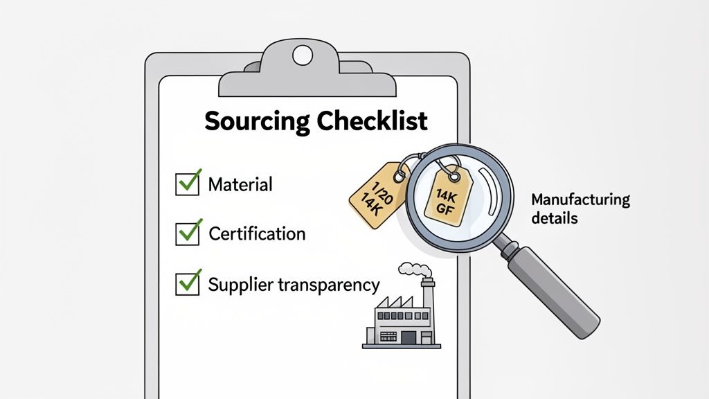 A sourcing checklist on a clipboard with items material, certification, and supplier transparency checked. Magnifying glass shows gold tags.