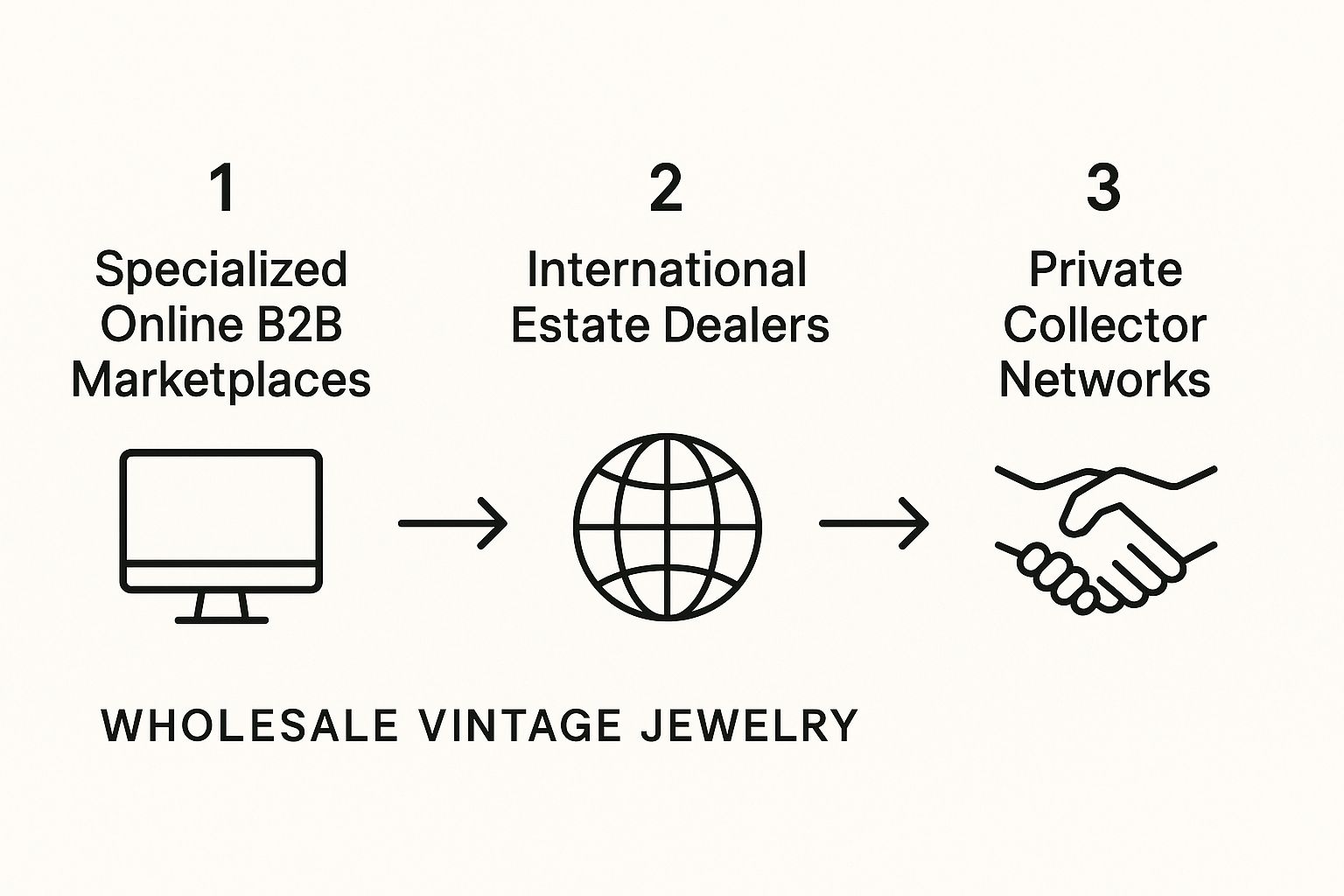 Infographic showing process flow for sourcing wholesale vintage jewelry from online marketplaces, international dealers, and private collectors.