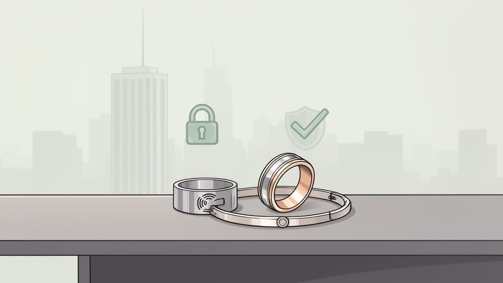 Illustration of smart jewelry: an NFC ring, a two-tone ring, and a bracelet, with security symbols.