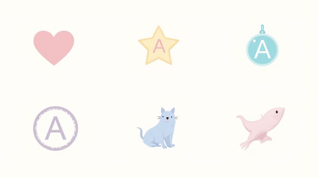 A collection of cute, pastel-colored charms including a heart, star, ornament, cat, and fish.