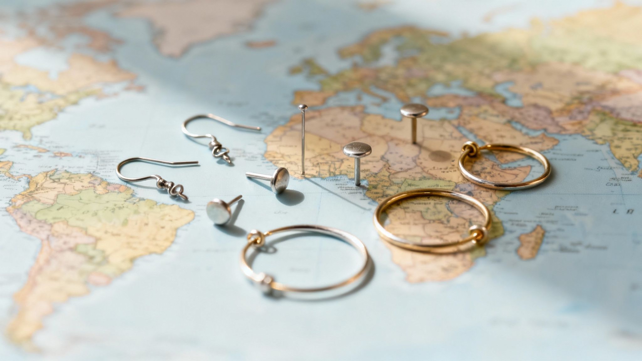 An assortment of wholesale earring supplies including hooks, charms, and studs neatly arranged.