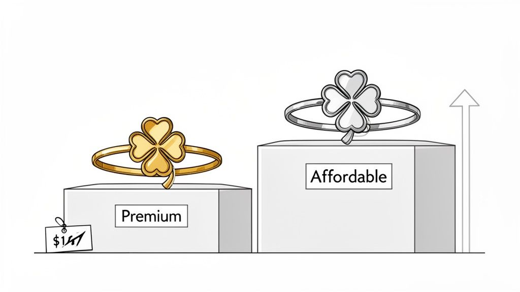 Illustration comparing a premium gold four-leaf clover ring with an affordable silver clover ring.