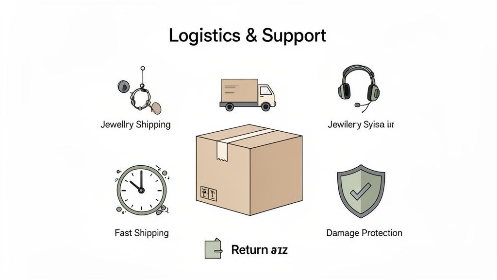 Logistics and support services for jewelry including shipping, customer service, fast delivery, and returns.