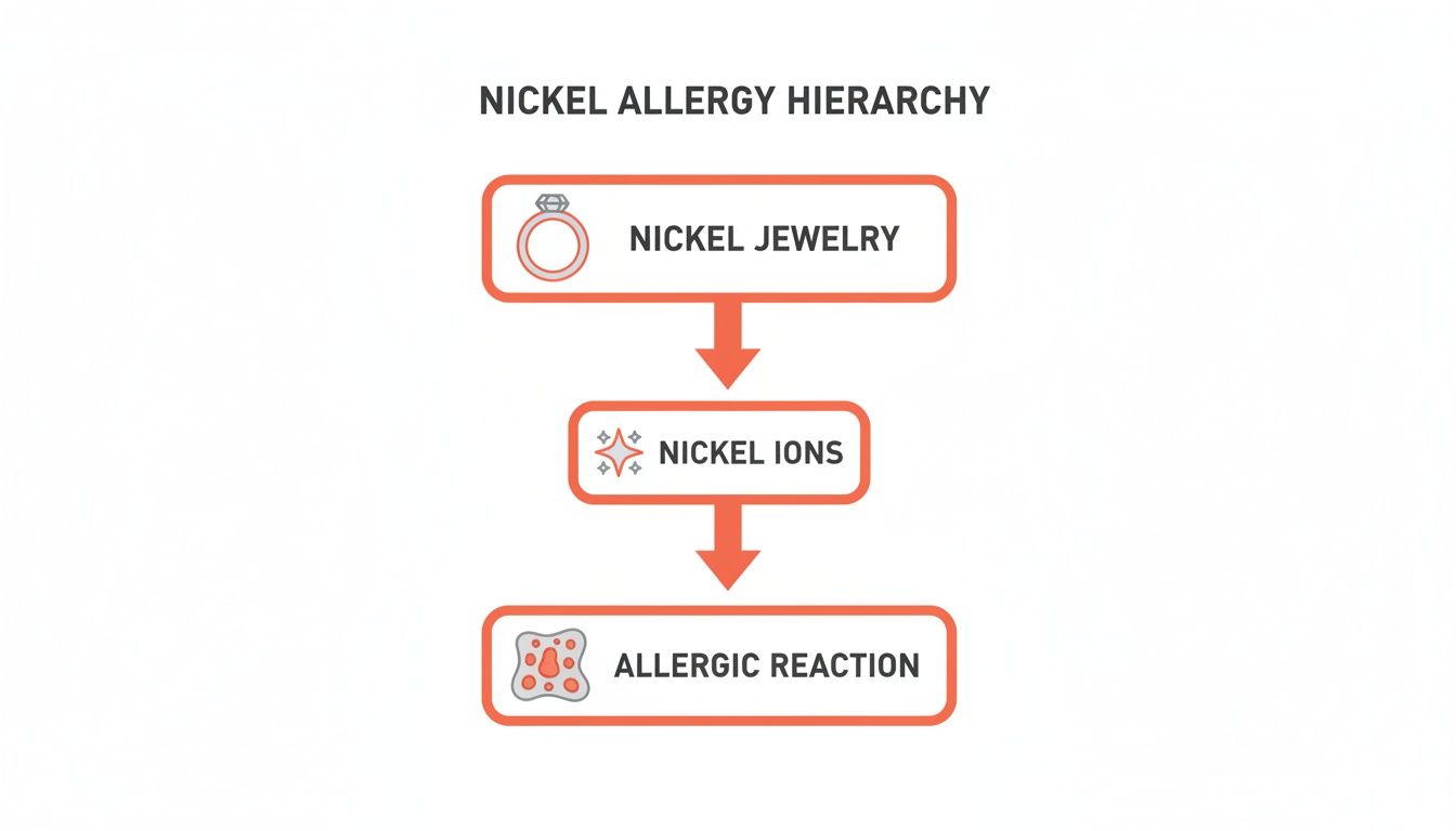 Flowchart illustrating the hierarchy of nickel allergy: from nickel jewelry, to nickel ions, to an allergic reaction.