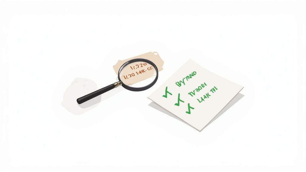 Close-up of a magnifying glass inspecting a gold filled necklace clasp.