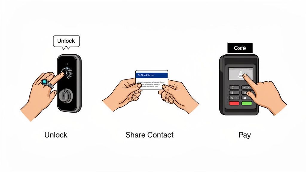 Three panels illustrate a smart ring's versatile uses: unlocking a door, sharing a contact card, and making a payment.