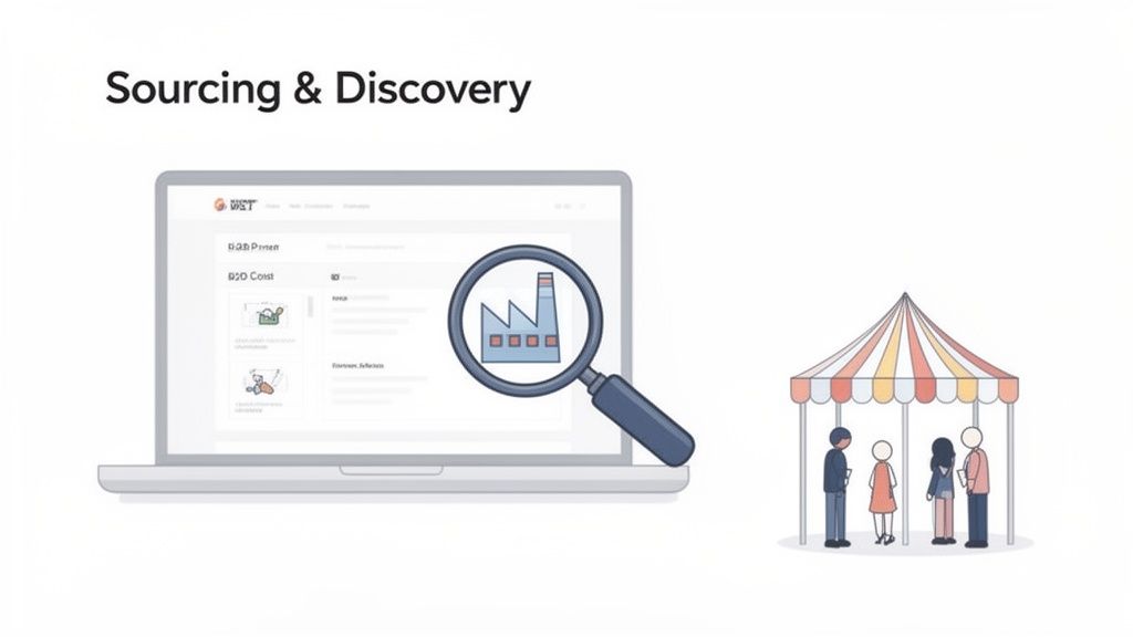 Illustration of sourcing and discovery: a laptop searches for a factory, and people interact at a market stall.